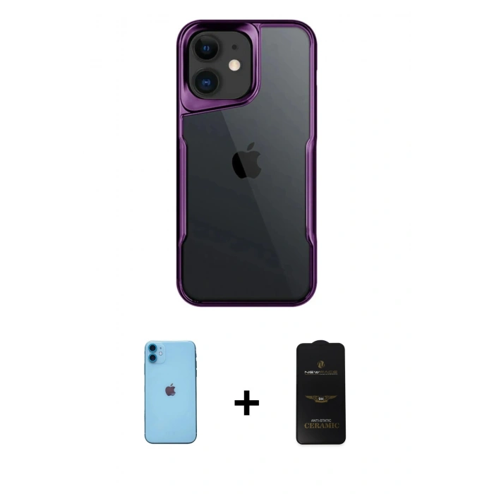 MARSİLYAN™- iPhone 11 Kılıf Akış Çizgi Koleksiyonu - Siyah 6D Antistatik Mat Seramik Hayalet Nano Ekran Koruyucu + Neon Fosforlu Kamera Lens - MI