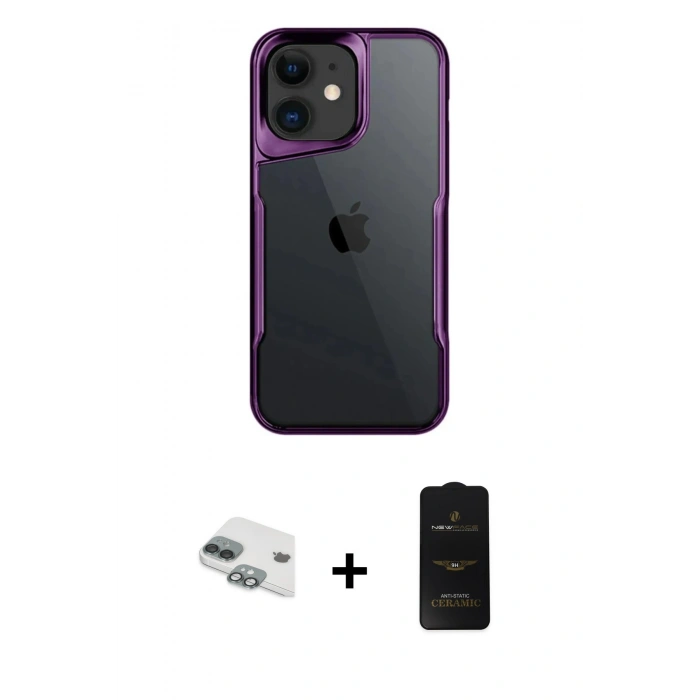 MARSİLYAN™- iPhone 11 Kılıf Akış Çizgi Koleksiyonu - Siyah 6D Antistatik Mat Seramik Hayalet Nano Ekran Koruyucu + Pers Alüminyum Kamera Lens - YL