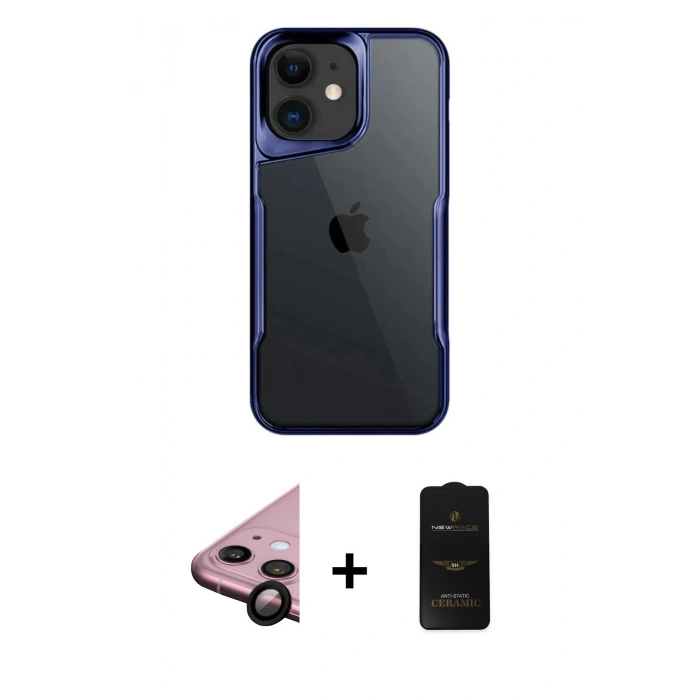MARSİLYAN™- iPhone 11 Kılıf Akış Çizgi Koleksiyonu - Siyah 6D Antistatik Mat Seramik Hayalet Nano Ekran Koruyucu + Siyah Raze Metal Kamera Lens