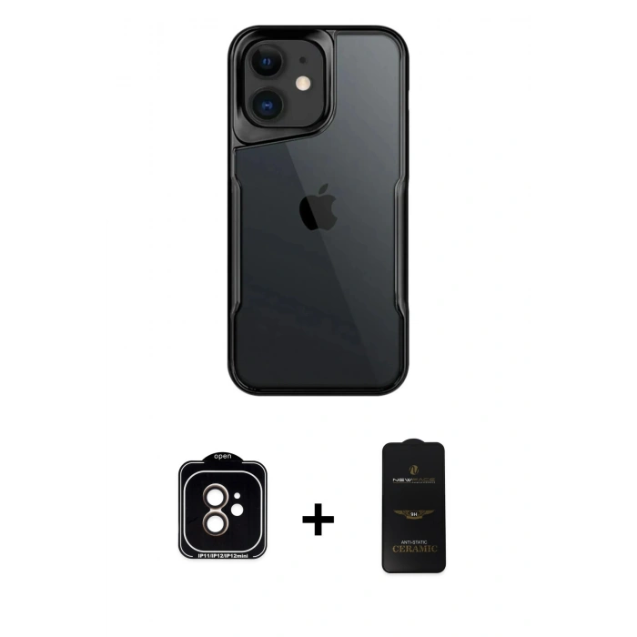 MARSİLYAN™- iPhone 11 Kılıf Akış Çizgi Koleksiyonu - Siyah 6D Antistatik Mat Seramik Hayalet Nano Ekran Koruyucu + Turuncu PVD Metal Kamera Lens