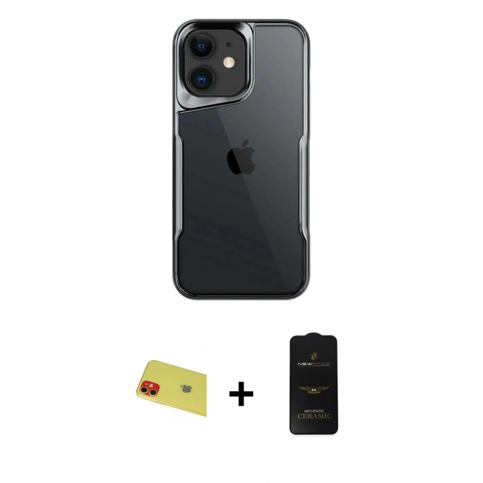 MARSİLYAN™- iPhone 11 Kılıf Akış Çizgi Koleksiyonu - Siyah 6D Antistatik Mat Seramik Hayalet Nano Ekran Koruyucu + Rainbow Kamera Lens Koruma Cam - KI