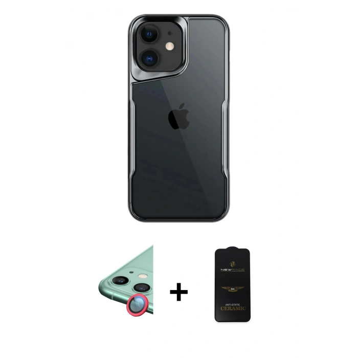 MARSİLYAN™- iPhone 11 Kılıf Akış Çizgi Koleksiyonu - Siyah 6D Antistatik Mat Seramik Hayalet Nano Ekran Koruyucu + Raze Metal Kamera Lens - KI