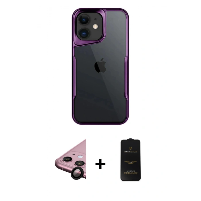 MARSİLYAN™- iPhone 11 Kılıf Akış Çizgi Koleksiyonu - Siyah 6D Antistatik Mat Seramik Hayalet Nano Ekran Koruyucu + Siyah Raze Metal Kamera Lens