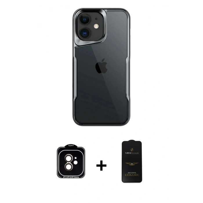 MARSİLYAN™- iPhone 11 Kılıf Akış Çizgi Koleksiyonu - Siyah 6D Antistatik Mat Seramik Hayalet Nano Ekran Koruyucu + Turuncu PVD Metal Kamera Lens
