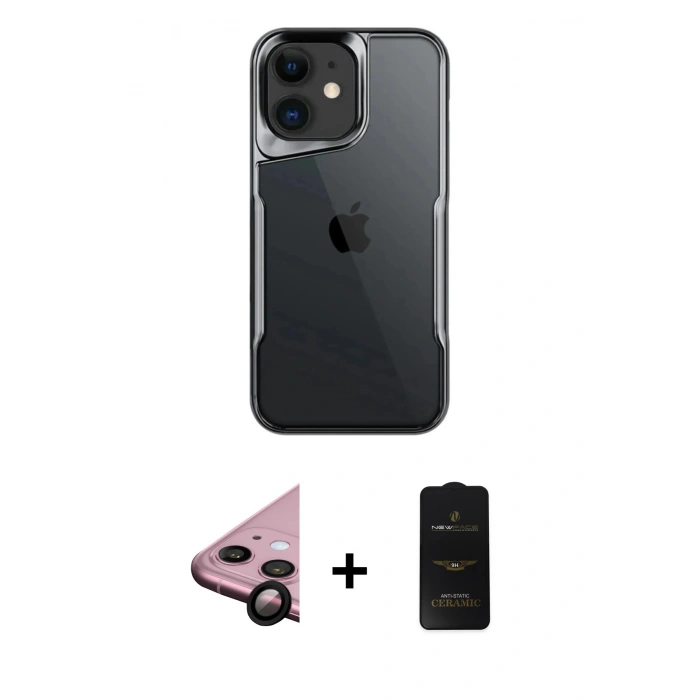 MARSİLYAN™- iPhone 11 Kılıf Akış Çizgi Koleksiyonu - Siyah 6D Antistatik Mat Seramik Hayalet Nano Ekran Koruyucu + Siyah Raze Metal Kamera Lens