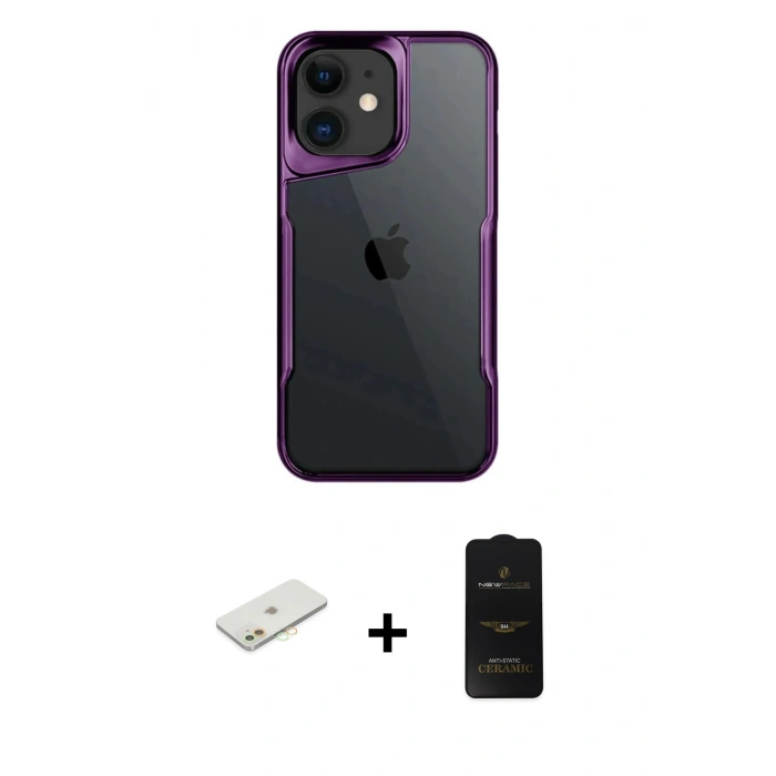 MARSİLYAN™- iPhone 11 Kılıf Akış Çizgi Koleksiyonu - Siyah 6D Antistatik Mat Seramik Hayalet Nano Ekran Koruyucu + Renkli Kamera Lens Koruma Cam - TU
