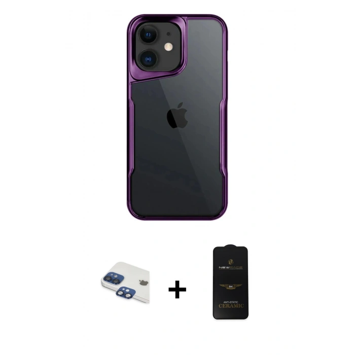 MARSİLYAN™- iPhone 11 Kılıf Akış Çizgi Koleksiyonu - Siyah 6D Antistatik Mat Seramik Hayalet Nano Ekran Koruyucu + Lacivert Pers Alüminyum Kamera Lens