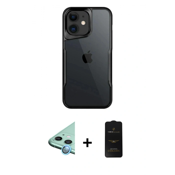 MARSİLYAN™- iPhone 11 Kılıf Akış Çizgi Koleksiyonu - Siyah 6D Antistatik Mat Seramik Hayalet Nano Ekran Koruyucu + Raze Metal Kamera Lens - MI