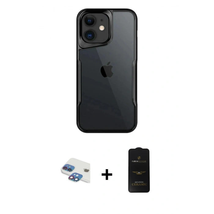 MARSİLYAN™- iPhone 11 Kılıf Akış Çizgi Koleksiyonu - Siyah 6D Antistatik Mat Seramik Hayalet Nano Ekran Koruyucu + Pers Alüminyum Kamera Lens - GI