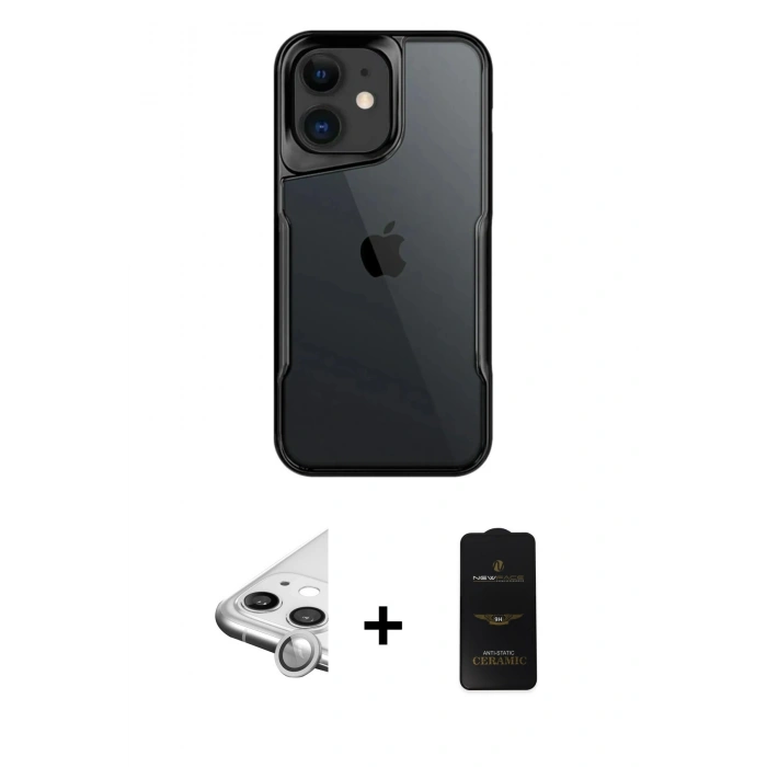 MARSİLYAN™- iPhone 11 Kılıf Akış Çizgi Koleksiyonu - Siyah 6D Antistatik Mat Seramik Hayalet Nano Ekran Koruyucu + Raze Metal Kamera Lens - GS