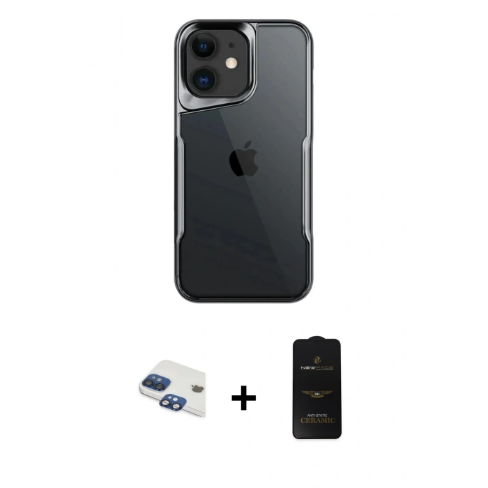 MARSİLYAN™- iPhone 11 Kılıf Akış Çizgi Koleksiyonu - Siyah 6D Antistatik Mat Seramik Hayalet Nano Ekran Koruyucu + Lacivert Pers Alüminyum Kamera Lens
