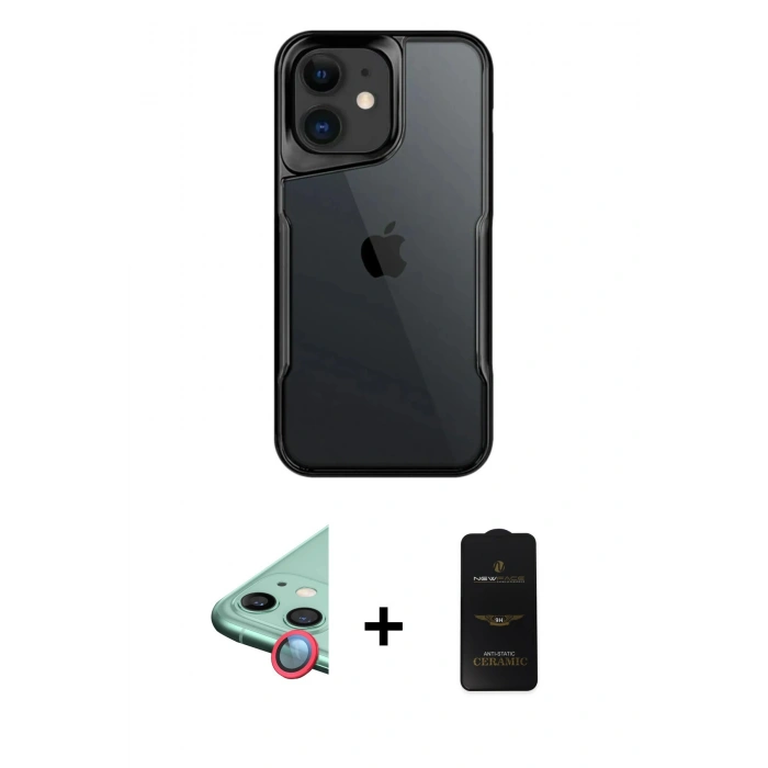 MARSİLYAN™- iPhone 11 Kılıf Akış Çizgi Koleksiyonu - Siyah 6D Antistatik Mat Seramik Hayalet Nano Ekran Koruyucu + Raze Metal Kamera Lens - KI