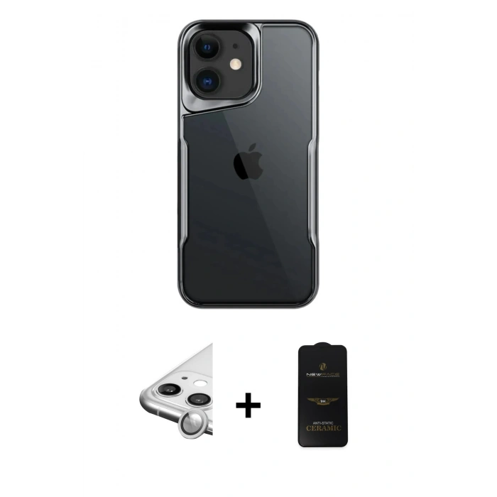 MARSİLYAN™- iPhone 11 Kılıf Akış Çizgi Koleksiyonu - Siyah 6D Antistatik Mat Seramik Hayalet Nano Ekran Koruyucu + Raze Metal Kamera Lens - GS