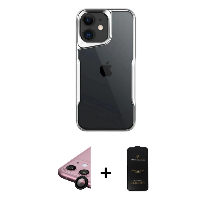 MARSİLYAN™- iPhone 11 Kılıf Akış Çizgi Koleksiyonu - Siyah 6D Antistatik Mat Seramik Hayalet Nano Ekran Koruyucu + Siyah Raze Metal Kamera Lens
