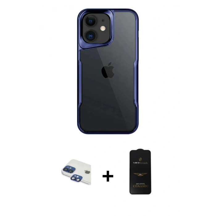 MARSİLYAN™- iPhone 11 Kılıf Akış Çizgi Koleksiyonu - Siyah 6D Antistatik Mat Seramik Hayalet Nano Ekran Koruyucu + Lacivert Pers Alüminyum Kamera Lens
