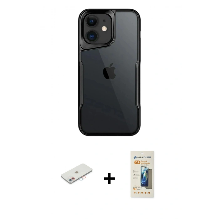 MARSİLYAN™- iPhone 11 Kılıf Akış Çizgi Koleksiyonu - Siyah 6D Mat Seramik Hayalet Nano Ekran Koruyucu + Renkli Kamera Lens Koruma Cam - PE
