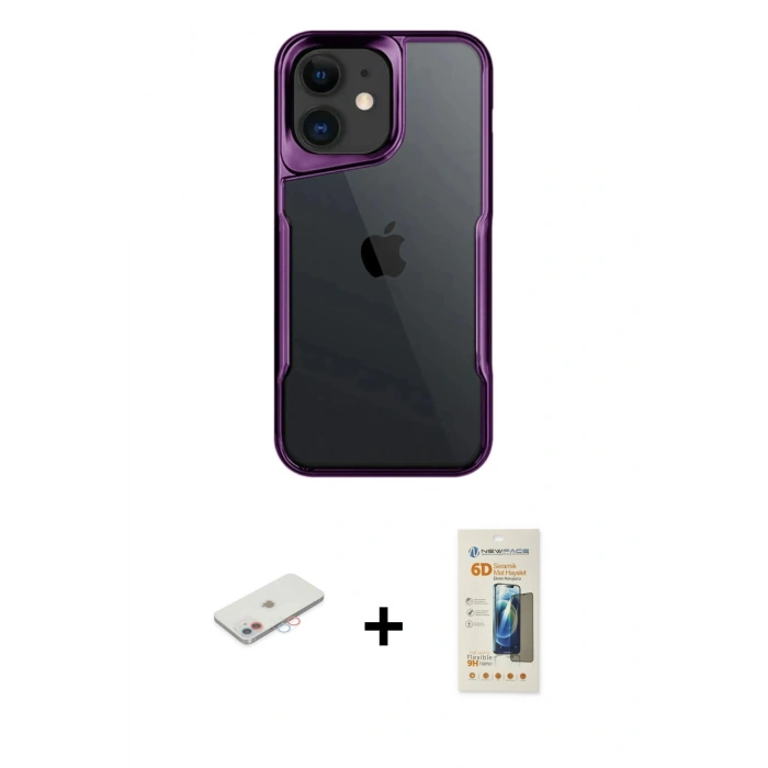 MARSİLYAN™- iPhone 11 Kılıf Akış Çizgi Koleksiyonu - Siyah 6D Mat Seramik Hayalet Nano Ekran Koruyucu + Renkli Kamera Lens Koruma Cam - PE