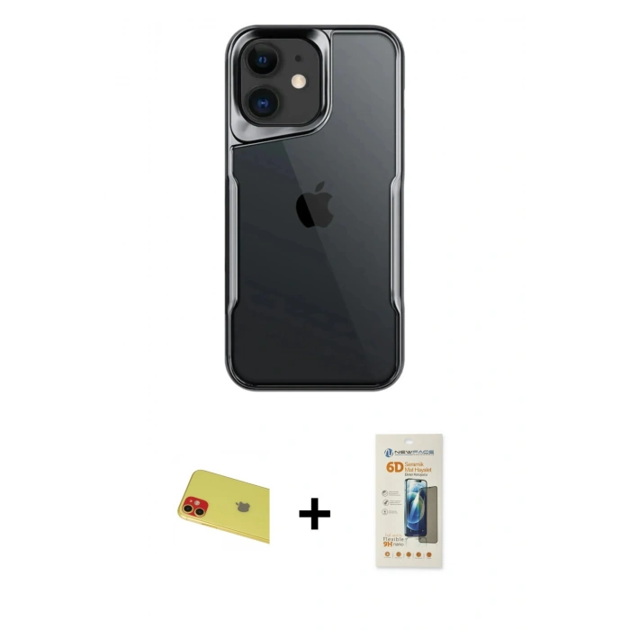 MARSİLYAN™- iPhone 11 Kılıf Akış Çizgi Koleksiyonu - Siyah 6D Mat Seramik Hayalet Nano Ekran Koruyucu + Rainbow Kamera Lens Koruma Cam - KI