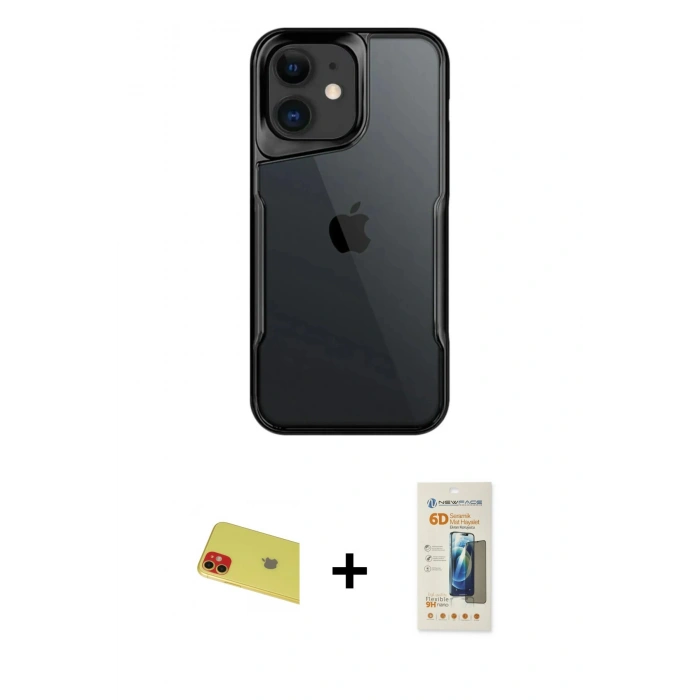 MARSİLYAN™- iPhone 11 Kılıf Akış Çizgi Koleksiyonu - Siyah 6D Mat Seramik Hayalet Nano Ekran Koruyucu + Rainbow Kamera Lens Koruma Cam - KI