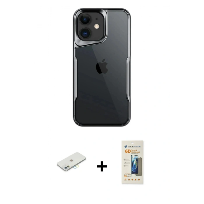 MARSİLYAN™- iPhone 11 Kılıf Akış Çizgi Koleksiyonu - Siyah 6D Mat Seramik Hayalet Nano Ekran Koruyucu + Renkli Kamera Lens Koruma Cam - SI