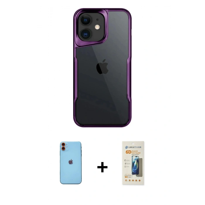 MARSİLYAN™- iPhone 11 Kılıf Akış Çizgi Koleksiyonu - Siyah 6D Mat Seramik Hayalet Nano Ekran Koruyucu + Turuncu Neon Fosforlu Kamera Lens