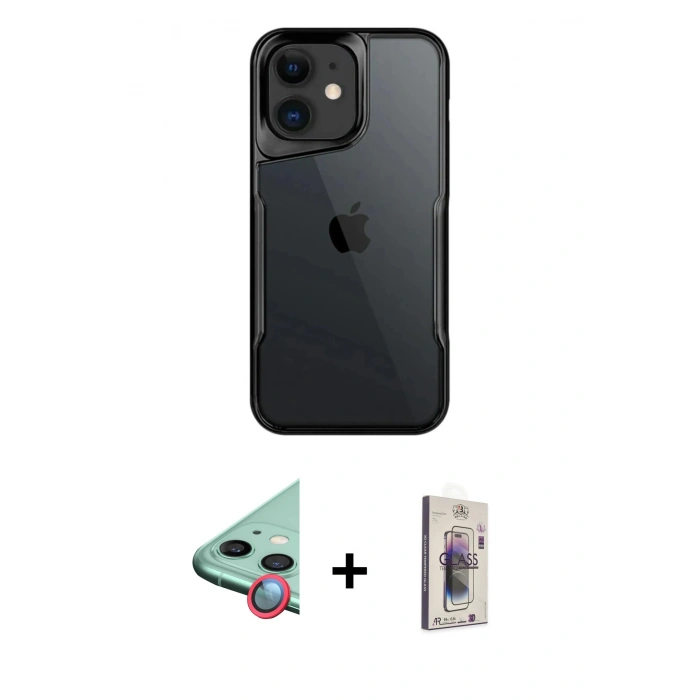 MARSİLYAN™- iPhone 11 Kılıf Akış Çizgi Koleksiyonu - Siyah Bilvis 3D Cam Ekran Koruyucu + Raze Metal Kamera Lens - KI