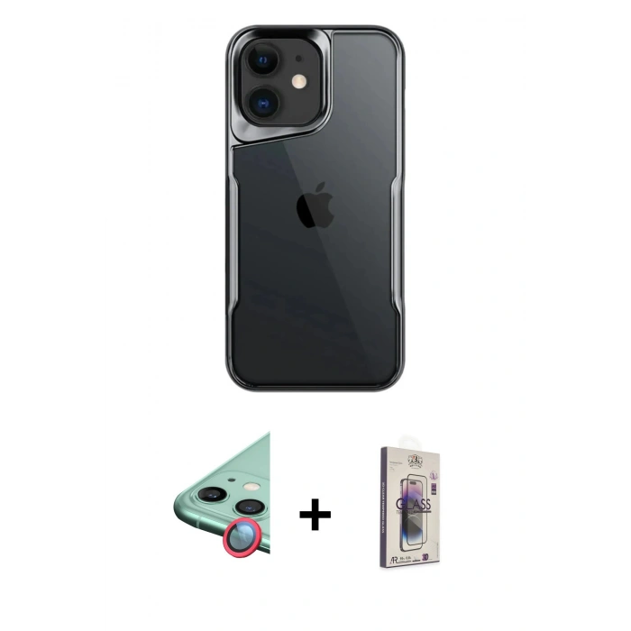 MARSİLYAN™- iPhone 11 Kılıf Akış Çizgi Koleksiyonu - Siyah Bilvis 3D Cam Ekran Koruyucu + Raze Metal Kamera Lens - KI