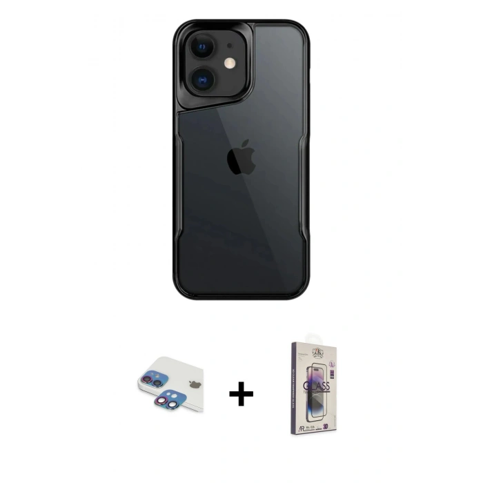 MARSİLYAN™- iPhone 11 Kılıf Akış Çizgi Koleksiyonu - Siyah Bilvis 3D Cam Ekran Koruyucu + Pers Alüminyum Kamera Lens - GI