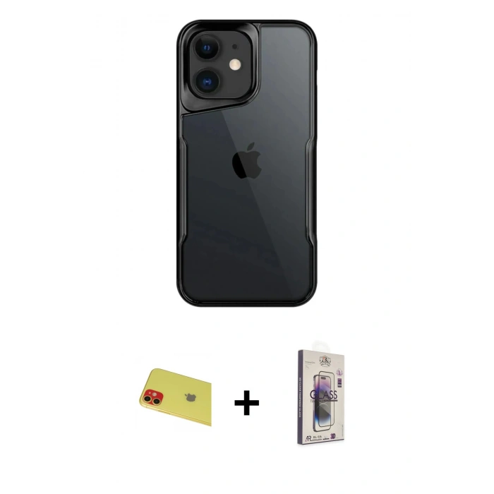 MARSİLYAN™- iPhone 11 Kılıf Akış Çizgi Koleksiyonu - Siyah Bilvis 3D Cam Ekran Koruyucu + Rainbow Kamera Lens Koruma Cam - KI