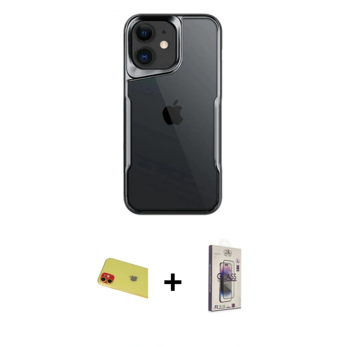 MARSİLYAN™- iPhone 11 Kılıf Akış Çizgi Koleksiyonu - Siyah Bilvis 3D Cam Ekran Koruyucu + Rainbow Kamera Lens Koruma Cam - KI