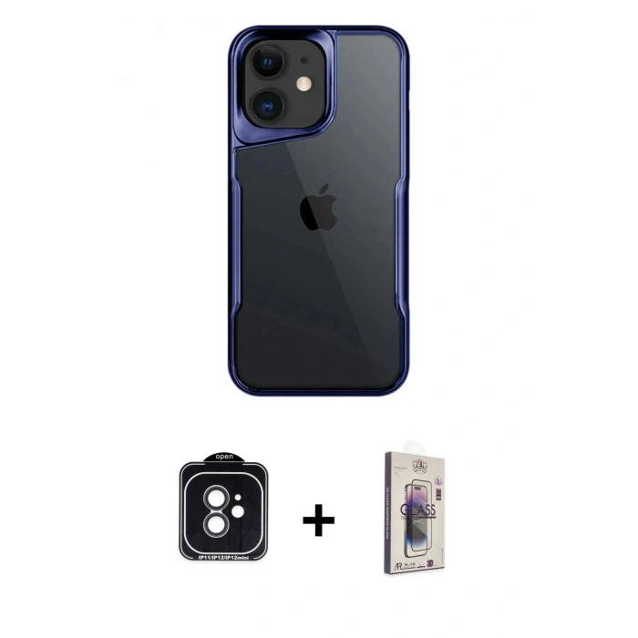 MARSİLYAN™- iPhone 11 Kılıf Akış Çizgi Koleksiyonu - Siyah Bilvis 3D Cam Ekran Koruyucu + PVD Metal Kamera Lens - SH