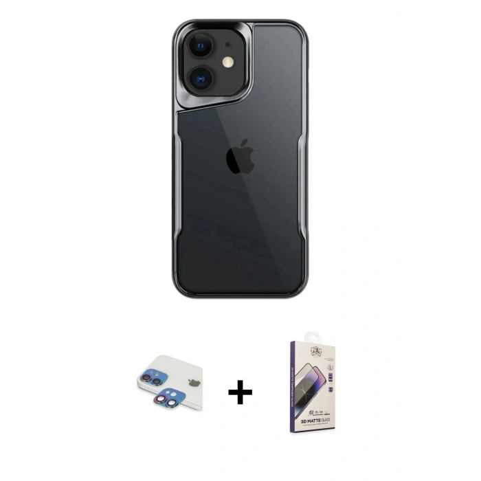 MARSİLYAN™- iPhone 11 Kılıf Akış Çizgi Koleksiyonu - Siyah Bilvis 3D Mat Cam Ekran Koruyucu + Pers Alüminyum Kamera Lens - GI