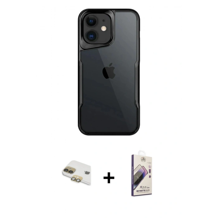 MARSİLYAN™- iPhone 11 Kılıf Akış Çizgi Koleksiyonu - Siyah Bilvis 3D Mat Cam Ekran Koruyucu + Gold Pers Alüminyum Kamera Lens