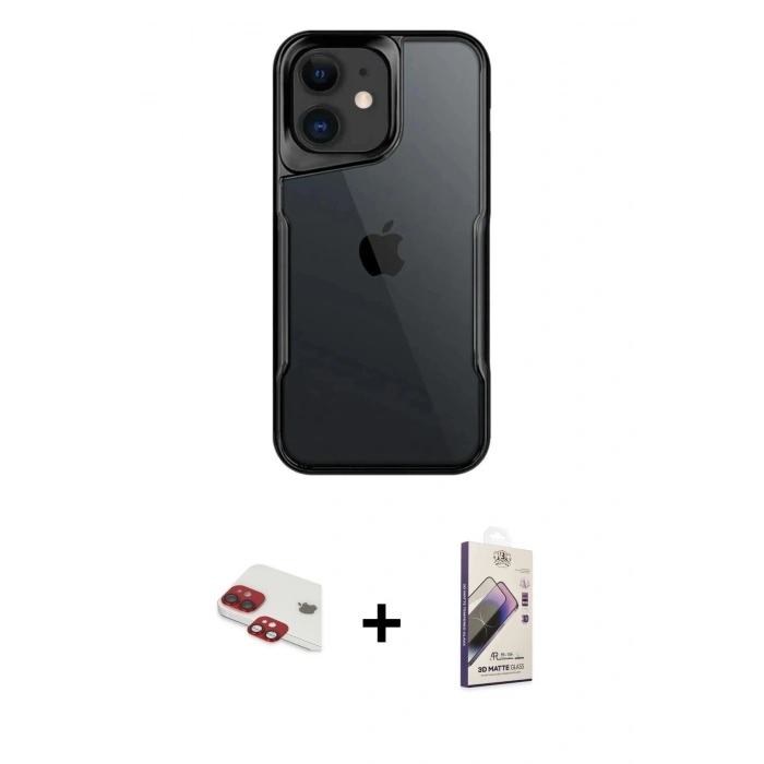 MARSİLYAN™- iPhone 11 Kılıf Akış Çizgi Koleksiyonu - Siyah Bilvis 3D Mat Cam Ekran Koruyucu + Pers Alüminyum Kamera Lens - KI
