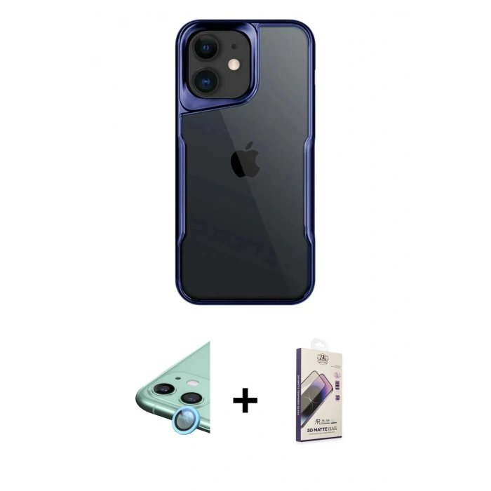 MARSİLYAN™- iPhone 11 Kılıf Akış Çizgi Koleksiyonu - Siyah Bilvis 3D Mat Cam Ekran Koruyucu + Raze Metal Kamera Lens - MI