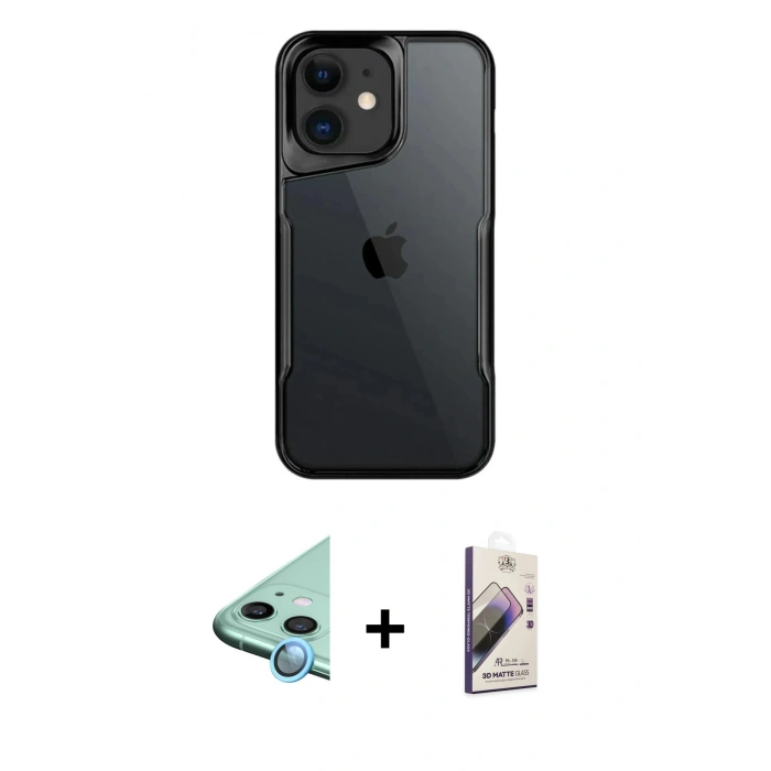MARSİLYAN™- iPhone 11 Kılıf Akış Çizgi Koleksiyonu - Siyah Bilvis 3D Mat Cam Ekran Koruyucu + Raze Metal Kamera Lens - MI