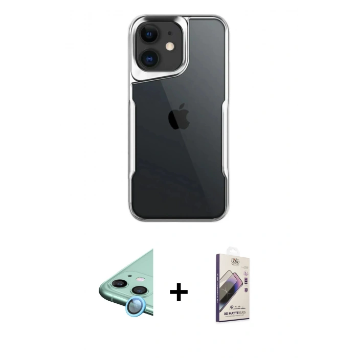 MARSİLYAN™- iPhone 11 Kılıf Akış Çizgi Koleksiyonu - Siyah Bilvis 3D Mat Cam Ekran Koruyucu + Raze Metal Kamera Lens - MI