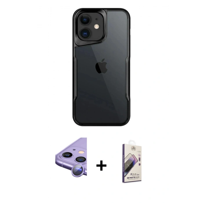 MARSİLYAN™- iPhone 11 Kılıf Akış Çizgi Koleksiyonu - Siyah Bilvis 3D Mat Cam Ekran Koruyucu + Mor Raze Metal Kamera Lens