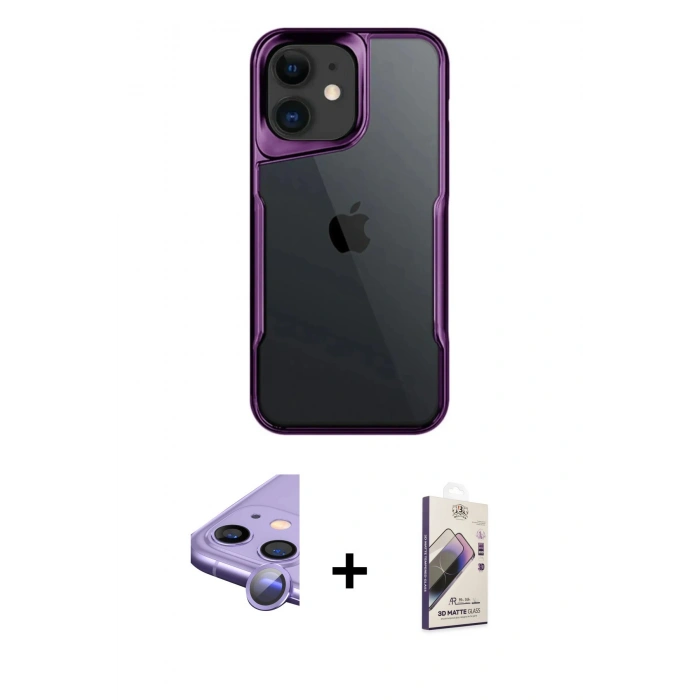 MARSİLYAN™- iPhone 11 Kılıf Akış Çizgi Koleksiyonu - Siyah Bilvis 3D Mat Cam Ekran Koruyucu + Mor Raze Metal Kamera Lens