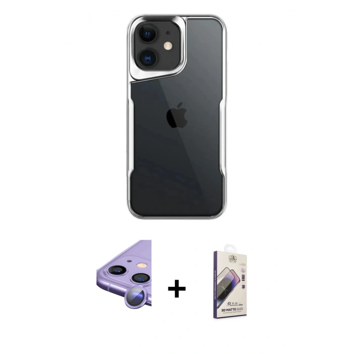 MARSİLYAN™- iPhone 11 Kılıf Akış Çizgi Koleksiyonu - Siyah Bilvis 3D Mat Cam Ekran Koruyucu + Mor Raze Metal Kamera Lens