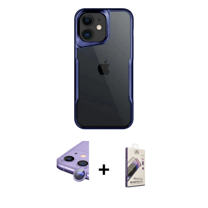 MARSİLYAN™- iPhone 11 Kılıf Akış Çizgi Koleksiyonu - Siyah Bilvis 3D Mat Cam Ekran Koruyucu + Mor Raze Metal Kamera Lens