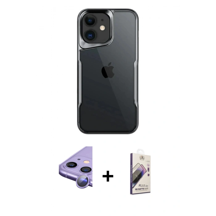 MARSİLYAN™- iPhone 11 Kılıf Akış Çizgi Koleksiyonu - Siyah Bilvis 3D Mat Cam Ekran Koruyucu + Mor Raze Metal Kamera Lens
