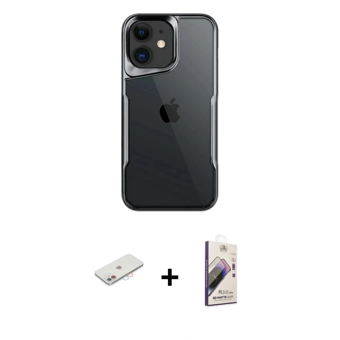 MARSİLYAN™- iPhone 11 Kılıf Akış Çizgi Koleksiyonu - Siyah Bilvis 3D Mat Cam Ekran Koruyucu + Renkli Kamera Lens Koruma Cam - PE
