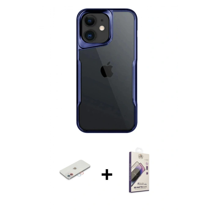 MARSİLYAN™- iPhone 11 Kılıf Akış Çizgi Koleksiyonu - Siyah Bilvis 3D Mat Cam Ekran Koruyucu + Renkli Kamera Lens Koruma Cam - PE