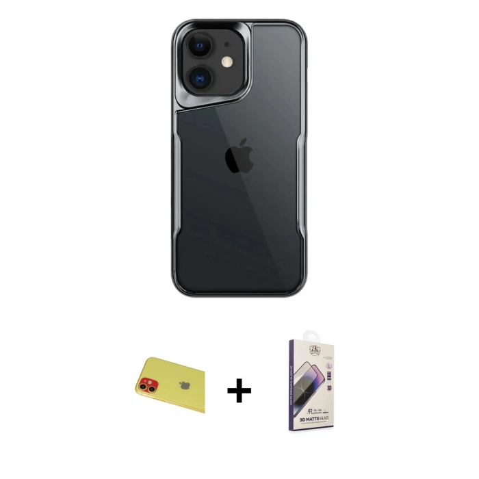 MARSİLYAN™- iPhone 11 Kılıf Akış Çizgi Koleksiyonu - Siyah Bilvis 3D Mat Cam Ekran Koruyucu + Rainbow Kamera Lens Koruma Cam - KI