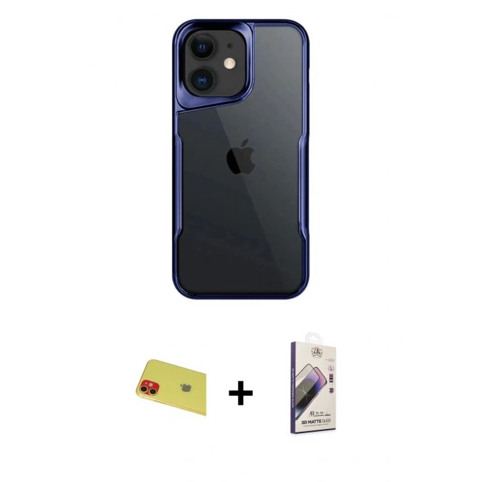MARSİLYAN™- iPhone 11 Kılıf Akış Çizgi Koleksiyonu - Siyah Bilvis 3D Mat Cam Ekran Koruyucu + Rainbow Kamera Lens Koruma Cam - KI
