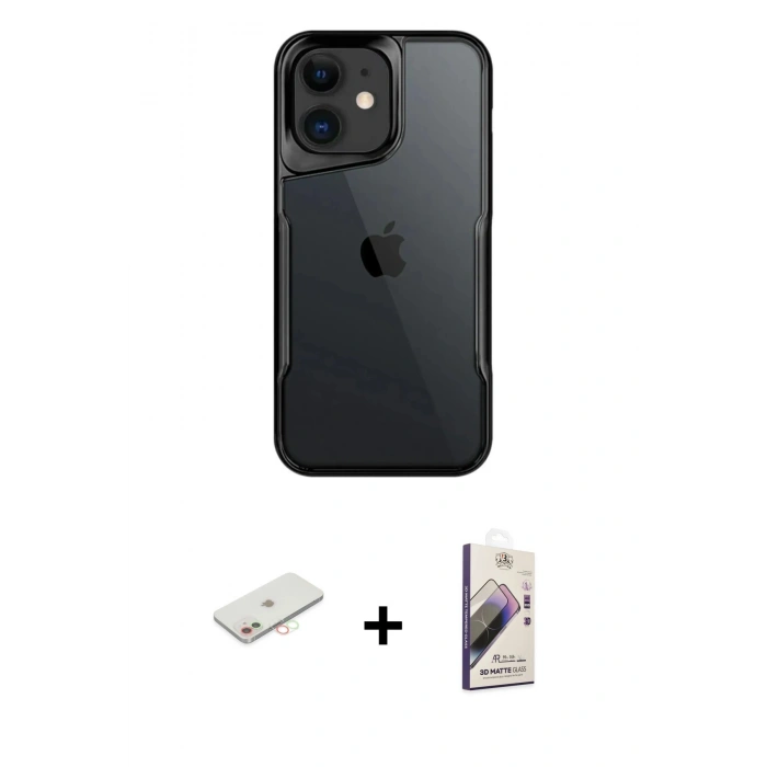MARSİLYAN™- iPhone 11 Kılıf Akış Çizgi Koleksiyonu - Siyah Bilvis 3D Mat Cam Ekran Koruyucu + Renkli Kamera Lens Koruma Cam - YL