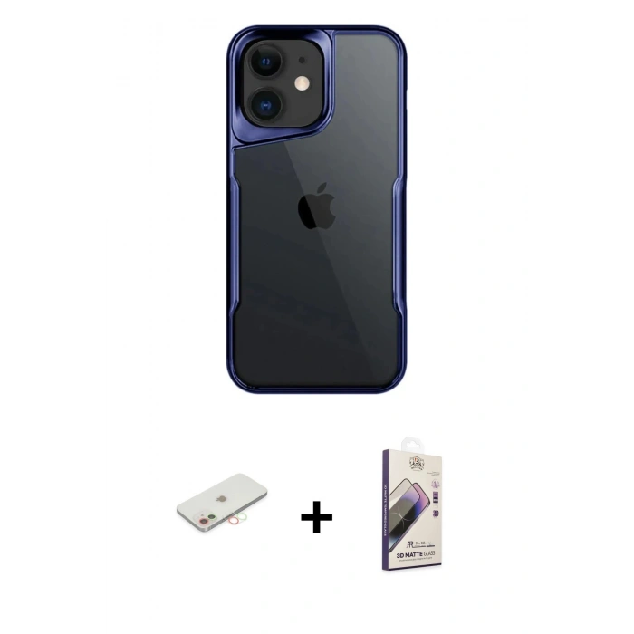 MARSİLYAN™- iPhone 11 Kılıf Akış Çizgi Koleksiyonu - Siyah Bilvis 3D Mat Cam Ekran Koruyucu + Renkli Kamera Lens Koruma Cam - YL
