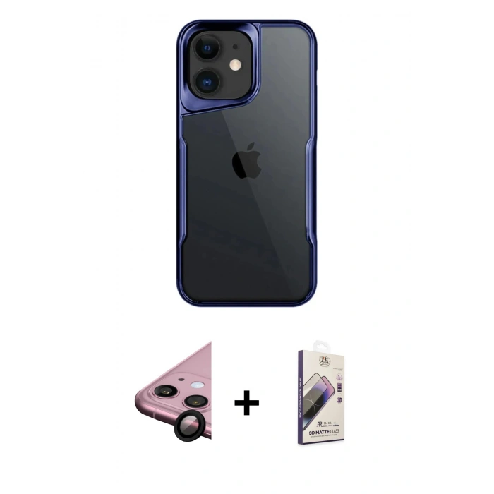 MARSİLYAN™- iPhone 11 Kılıf Akış Çizgi Koleksiyonu - Siyah Bilvis 3D Mat Cam Ekran Koruyucu + Siyah Raze Metal Kamera Lens