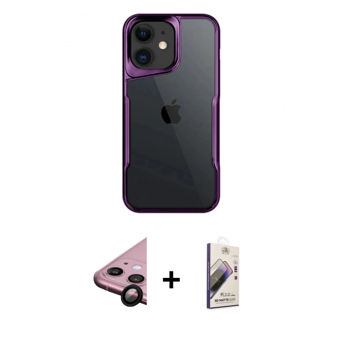MARSİLYAN™- iPhone 11 Kılıf Akış Çizgi Koleksiyonu - Siyah Bilvis 3D Mat Cam Ekran Koruyucu + Siyah Raze Metal Kamera Lens